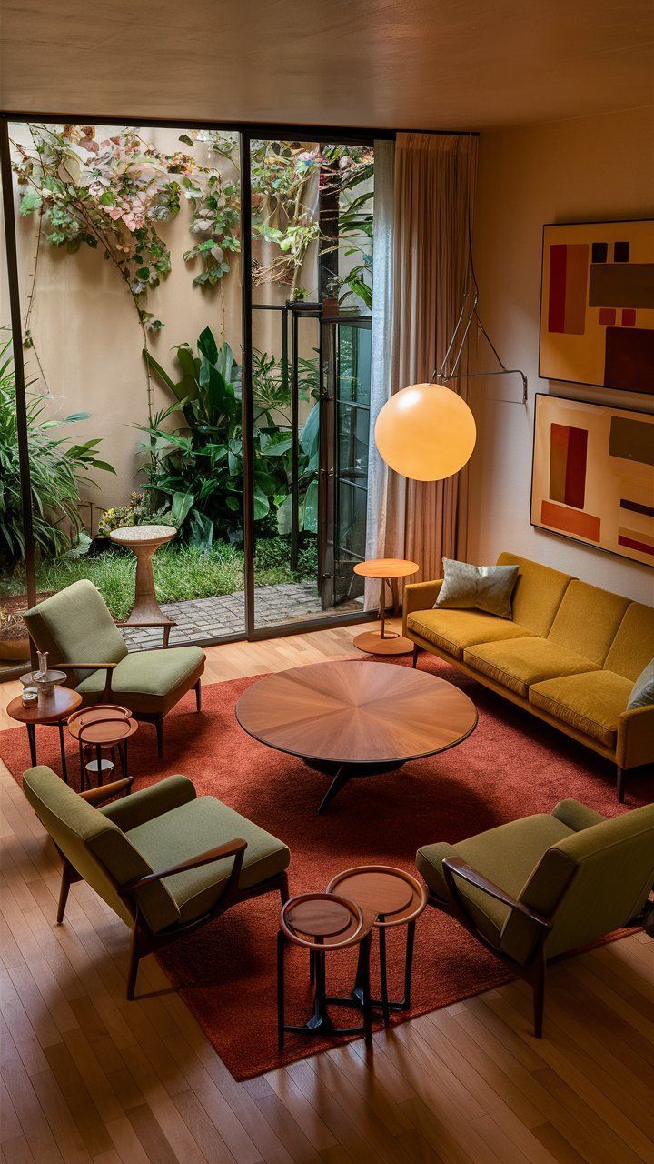 Salon mid-century avec fauteuils verts, canape jaune et lampadaire globe face a un patio tropical