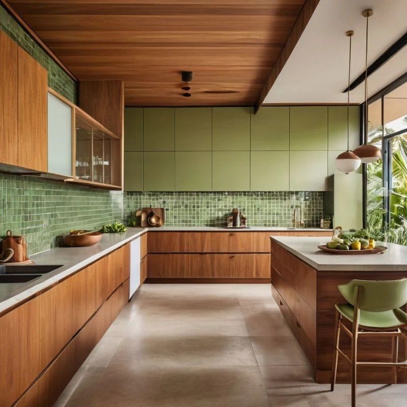 Cuisine avec zellige vert, facades noyer, suspensions cuivre et ilot central